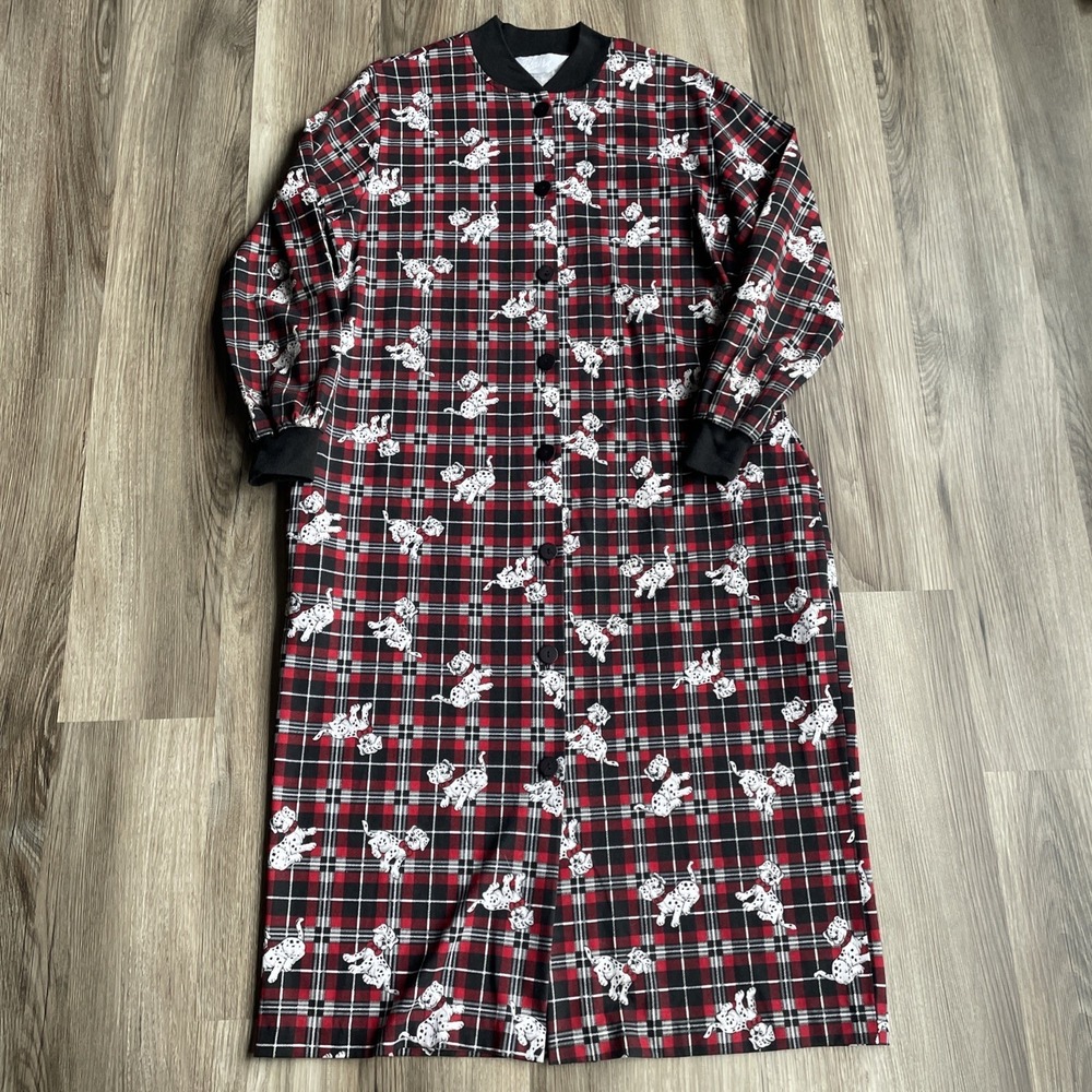 Vintage Blair Dalmatian Plaid Button Front House Dress Robe Red Black Lounger
